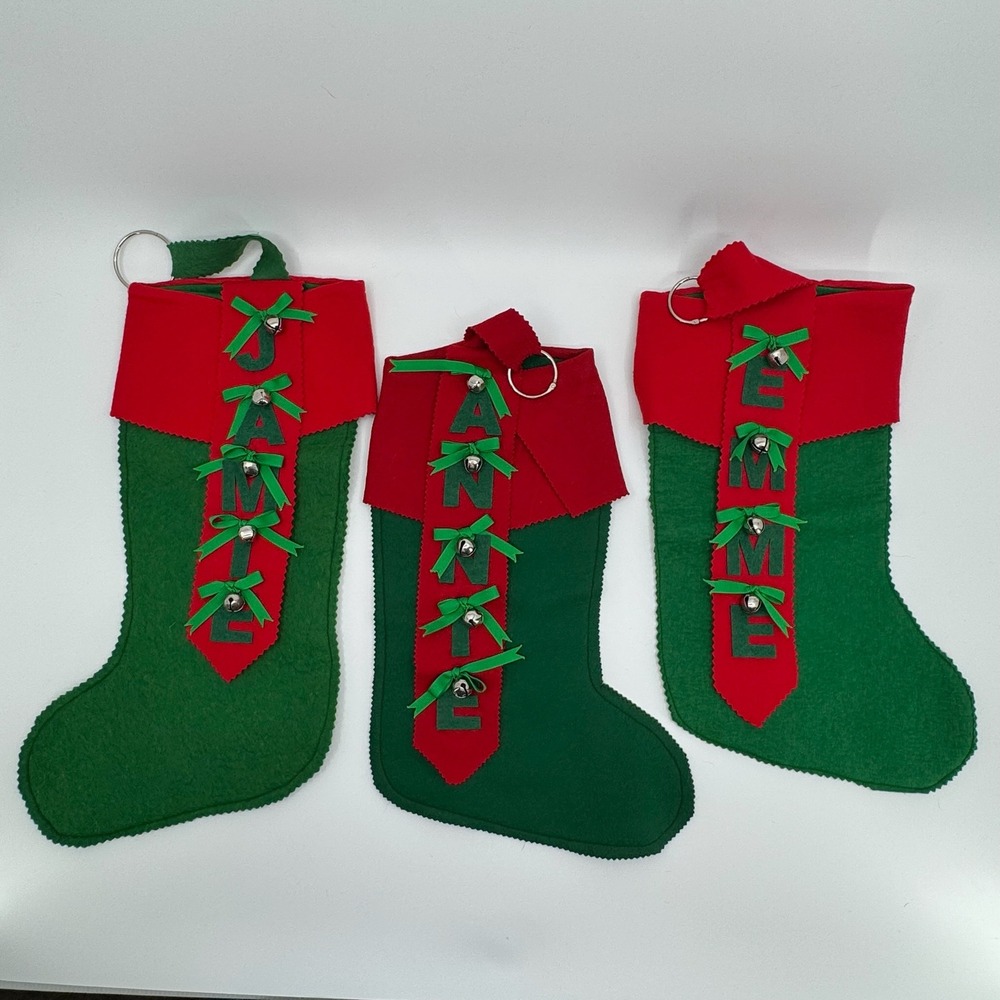 Vtg Handmade Christmas Stockings SET 3 Felt Personalized Jingle Bells Folk Art